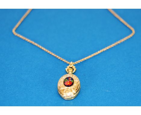 LADY'S JEAN RENET, GOLD PLATED AND ENAMELLED OVAL PENDANT WATCH with Swiss quartz movement, oval gilt dial with batons, the h