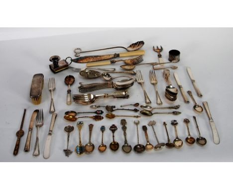 SIX PAIRS FIDDLE HANDLE DESSERT SPOONS AND FORKS  and a selection of DECORATIVE SERVING CUTLERY including bread fork and pres