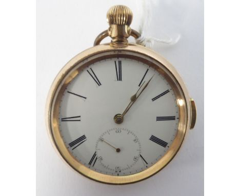 A ROLLED GOLD OPEN FACED POCKET WATCH, with quarter repeating keyless movement, press button operated repeat, white Roman dia