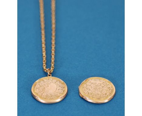 9ct GOLD CIRCULAR LOCKET PENDANT 1" diameter, Birmingham 1917 and a 9ct GOLD FINE BELCHER CHAIN NECKLACE, 18" long, 9.4 gms i