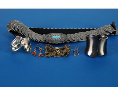MEXICAN ALPACA BROAD SPRUNG HINGE OPENING CROSSOVER BANGLE, inlaid with abalone shell; PAIR OF 'IMPACT' DUEL TWISTED WIRE PAT