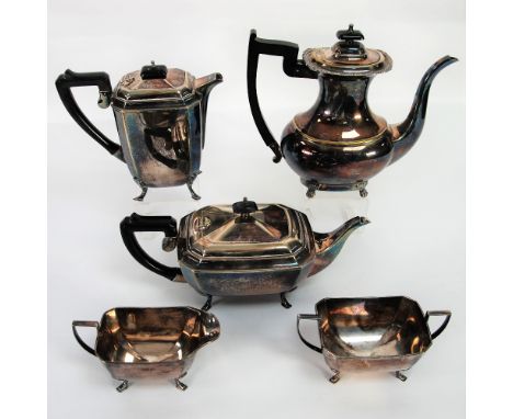 GEORGIAN STYLE ELECTROPLATE TEA SET OF FOUR PIECES OBLONG with cut away corners and scroll feet the tea pot and hot water jug