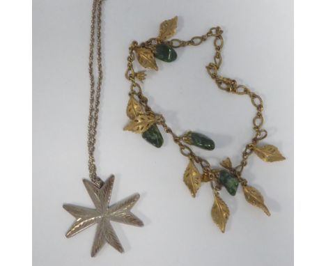 SILVER GILT LARGE MALTESE CROSS PENDANT bright cut engraved with foliage 2" wide, Birmingham 1976 and THE SILVER CHAIN NECKLA