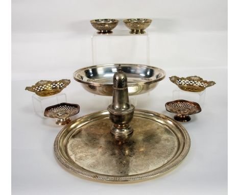 PAIR OF SILVER PLATED ON COPPER FIVE LIGHT CANDELABRA'S, each of typical form with four scroll arms, flame finial to the cent