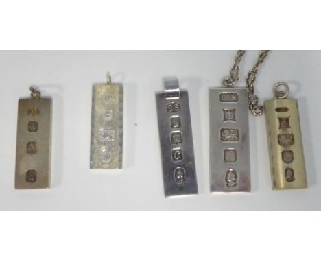 FIVE SILVER INGOT PENDANTS, with large hallmarks and one silver fine chain necklace, 4 3/4oz, Birmingham 1977 x 3 and London 