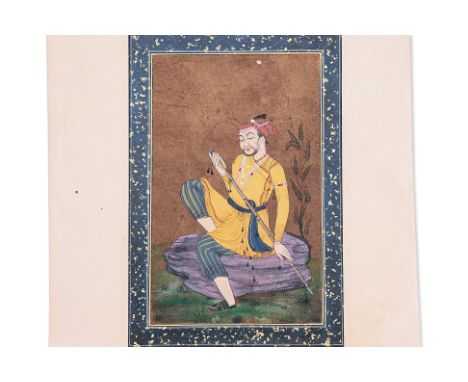 A MUGHAL MINIATURE PAINTING
Gouache on paper, portrait of a gentleman sitting on rock with cane, likely an emperor.
22cm x 15