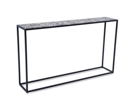 A CRATE & BARREL AGATE CONSOLE TABLE AND CHEESE BOARD
The rectangular agate table top on a metallic structure, the cheese boa