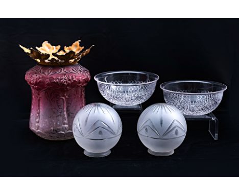 A GROUP OF FIVE GLASS LIGHT SHADES
One Art Nouveau example, circa 1910, frosted cranberry and clear glass with moulded tulip 