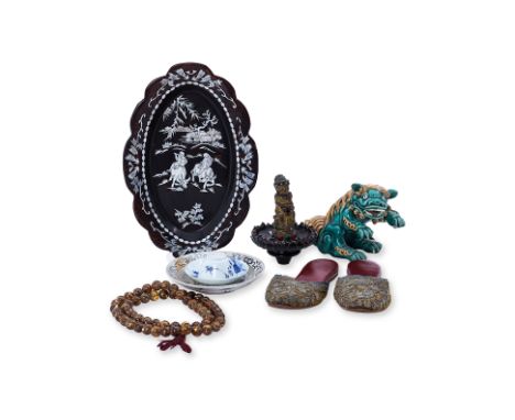 A GROUP OF ASSORTED ASIAN OBJECTS
Including Circa 18th century blue and white peony tea bowl and saucer, kris sword handle, b