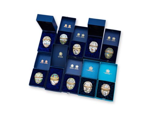 A GROUP OF 10 HALCYON DAYS ENAMEL EASTER EGGS 1980-89
With boxes
Each approx 6cm
Condition: Condition Report
Some light envir