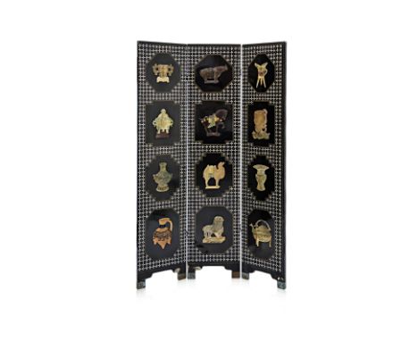 A MOTHER OF PEARL INLAID AND STONE INSET THREE FOLD SCREEN
Decorated with precious objects within mother of pearl inlaid diap