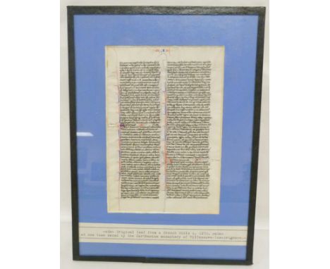 13th CENTURY MANUSCRIPT LEAF.&nbsp;&nbsp;Leaf from a French bible, c.1270, in two columns with initials &amp; lining in red &