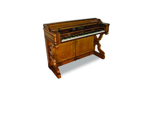 A console piano by Pape, Paris, 1840 The burr elm case with a fretwork gallery over the wrestpins. A burr elm cross-banded pa