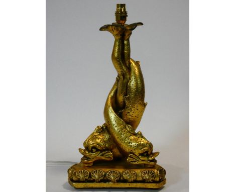 a gilt plaster lamp base in the form of three entwined Trafalgar dolphins. H.48cm 