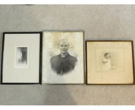 A framed and glazed engraving, female profile study, a watercolour and charcoal portrait of a clergyman and a framed portrait