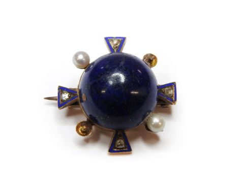 A Victorian lapis lazuli cabochon brooch, set with rose cut diamonds in a blue enamel border, and seed pearls (two deficient)