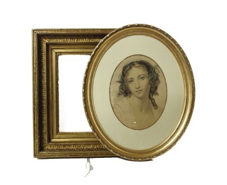 A gilt and gesso picture frame, 55 x 49cm, 28 x 34.5cm opening (11 x 13.5in), and an oval portrait print, framed
