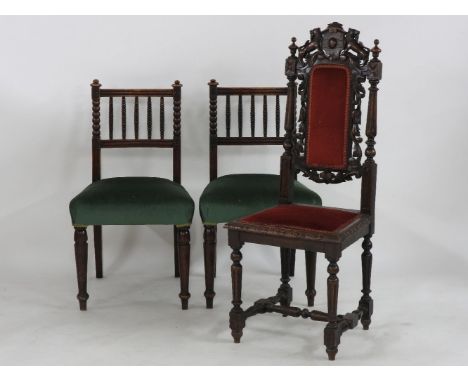 A Jacobean design curved oak side chair, and a pair of Edwardian side chairs with bobbin turned decoration