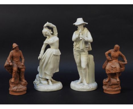 A pair of terracotta fisherman and his wife, stamped St Malo, and inscribed A Hanne, 363, 19.5cm high, and a pair of Parian f