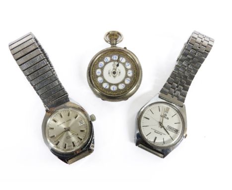 A Continental silver open faced fob watch, a gentleman's stainless steel Everite King mechanical watch, with white enamel and