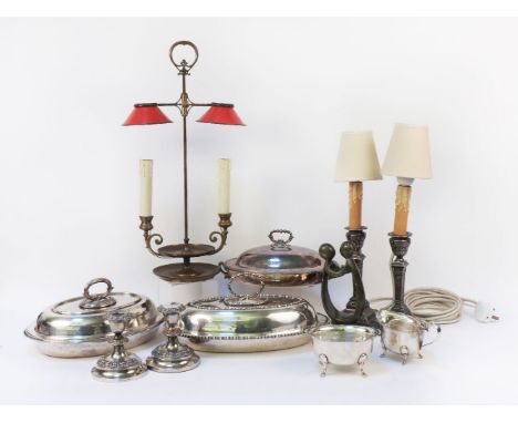 Three silver plated tureens and covers, a pair of plated candlestick table lamps, pair of dwarf candlesticks, and a brass tab