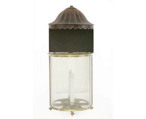 A Georgian-style stable light, with red and black toleware shade, 57cm high