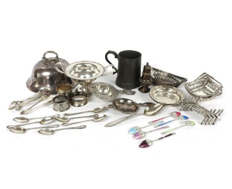 A group of miscellaneous silver and plated items, various dates and makers comprising silver: a Georg Jensen Danish tea strai