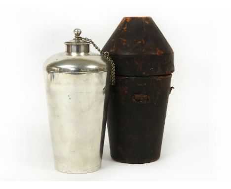 A 19th century silver plated campaign drinks set, the tapering screw top flask with two beakers, fitted in a leather case. 20