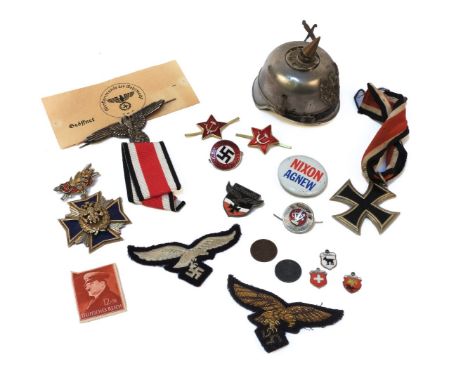 Military items: Iron cross on ribbon, pickelhaube inkwell, (damaged) Russian '84' silver and enamel medal, 2 cloth Nazi eagle