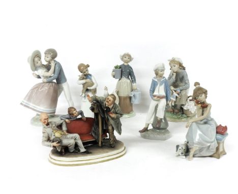 Six Lladro figures of children, and a Capo Di Monte group of photographer's, two with damage