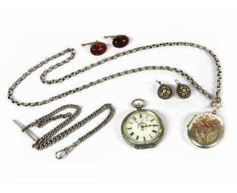 A silver oval locket with applied gold Swallow motif, Birmingham 1977, on a silver belcher chain, a black leather jewellery b