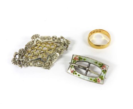 A 22ct gold wedding ring, a Charles Horner buckle, white guilloche enamel with painted rose motifs, and a continental silver 