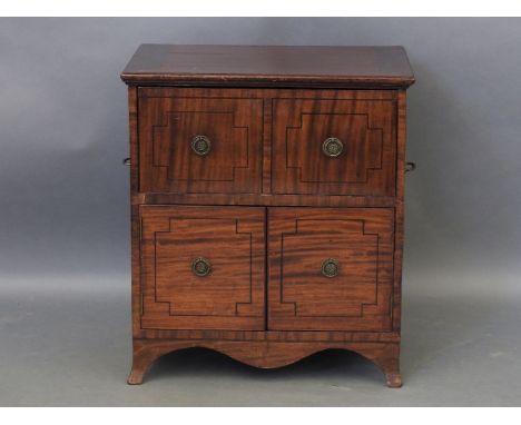 A Regency inlaid mahogany bedside commode, fitted single drawer above cupboards, on swept feet, 71 cm high, 64cm wide