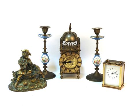 Various metal items, comprising: a brass lantern clock, with carriage movement, 26cm high, another clock, a Victorian brass g