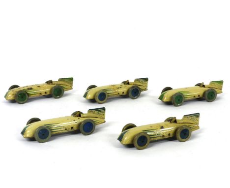 Five Chad Valley tin plate clockwork Harbourne racing cars, in cream with blue or green stripes, 20cm, worn