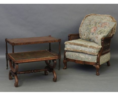 A Bergere easy chair, together with a walnut side table, and a leather Hopper oak coffee table