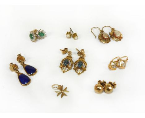 A collection of earrings, to include a pair of gold emerald and diamond cluster earrings (tested as approximately 9ct gold), 