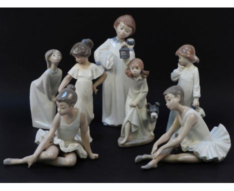 An Lladro figure of a young girl, and a collection of six Nao figures