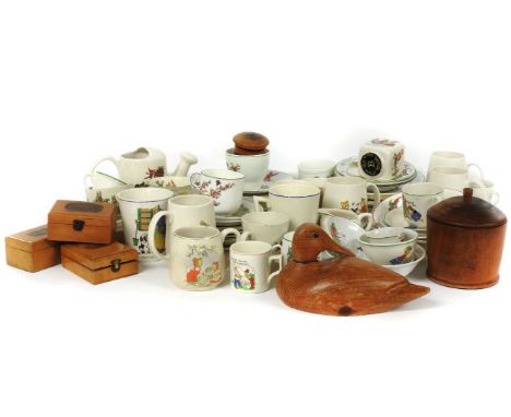A collection of child's nursery tea wares, cups, saucers, mugs, and various Mauchline ware