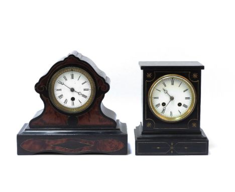 An ebonised and walnut mantel clock, together with a marble example