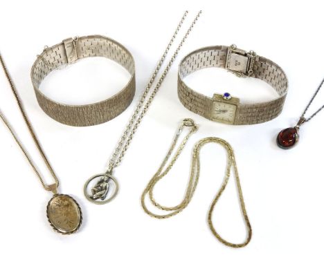 A ladies sterling silver Rotary mechanical and integral brick link bracelet watch, with baton dial, together with a silver in