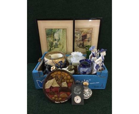 Three boxes of assorted glass ware, china, barometer, brass handles, mahogany box, atlas, pictures etc 