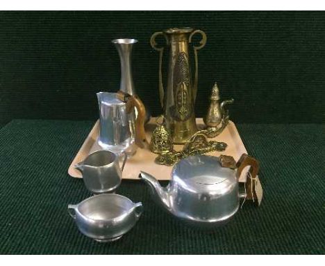 A tray of five piece piquet ware tea service, Art Nouveau brass vase, brass bell etc 