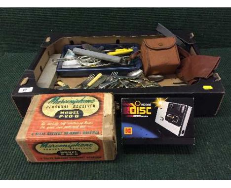 Two boxes containing Art Deco light shades, Wedgwood lidded pot, miscellaneous cutlery, cameras, barometer etc