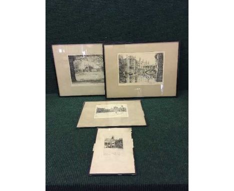 Four black and white signed engravings  - Christ College Cambridge by M Oliver RIce, together with Kings College Cambridge by
