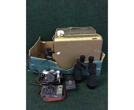 A box of Alba table top record player, reel to reel, binoculars, Zenith - E camera etc 