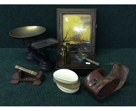 A tray of kitchen scales, brass shells, magnifying glass, drawing instrument case, table box etc 