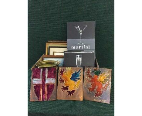 An embossed copper storage box and mag rack, box of pictures and canvas, brass charger and planter 