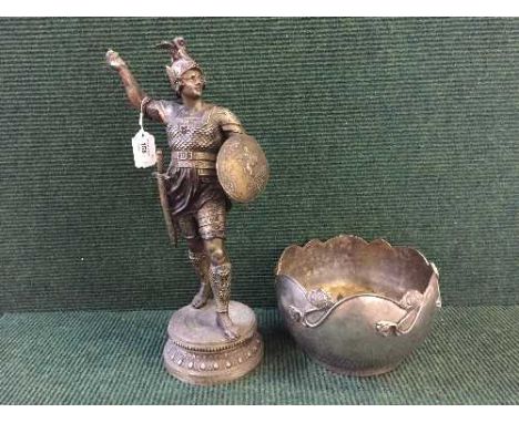 A metal figure of a Roman warrior and an Art Nouveau style planter 
