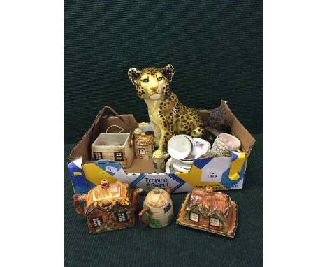 Two boxes of assorted pottery and china - Price Bros. cottage ware, plates, vintage soda syphon, chalk figure of a leopard cu
